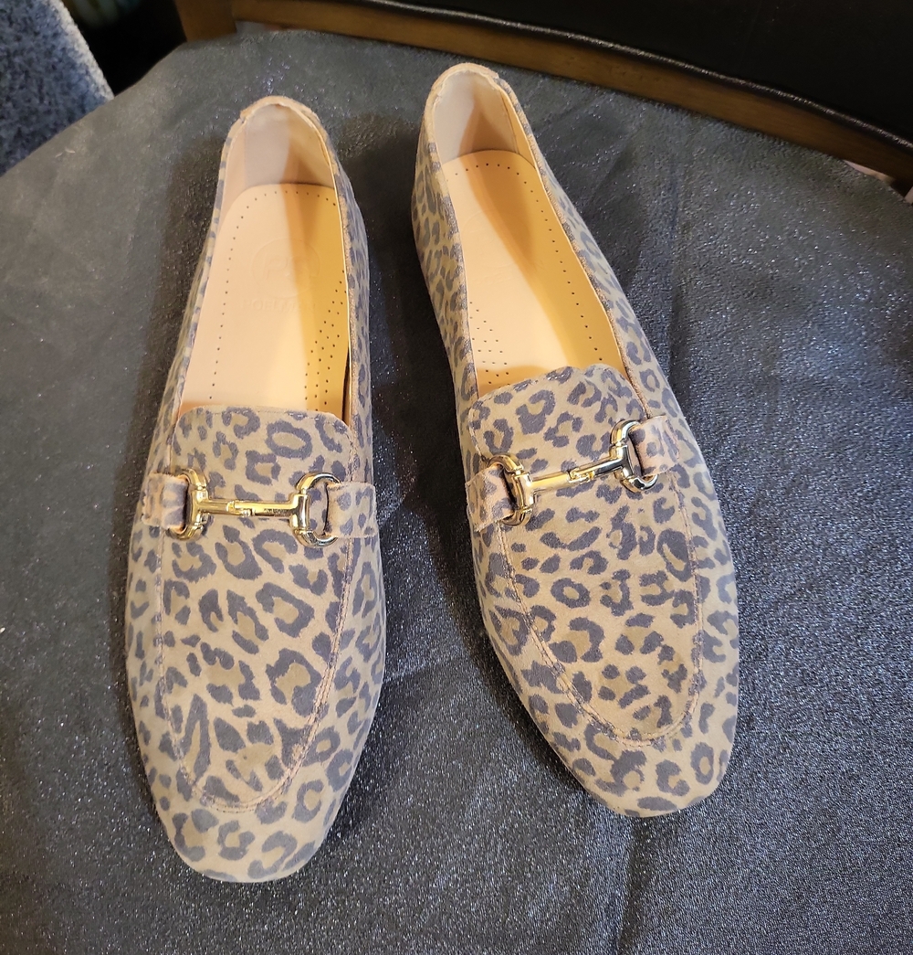 Leather Upper Leopard Print Slip-On Loafers with Gold Bit Detail - Women's